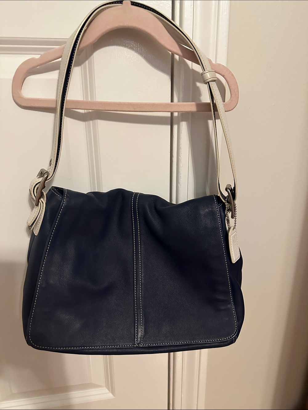 Coach Navy Shoulder Bag with Ivory Strap